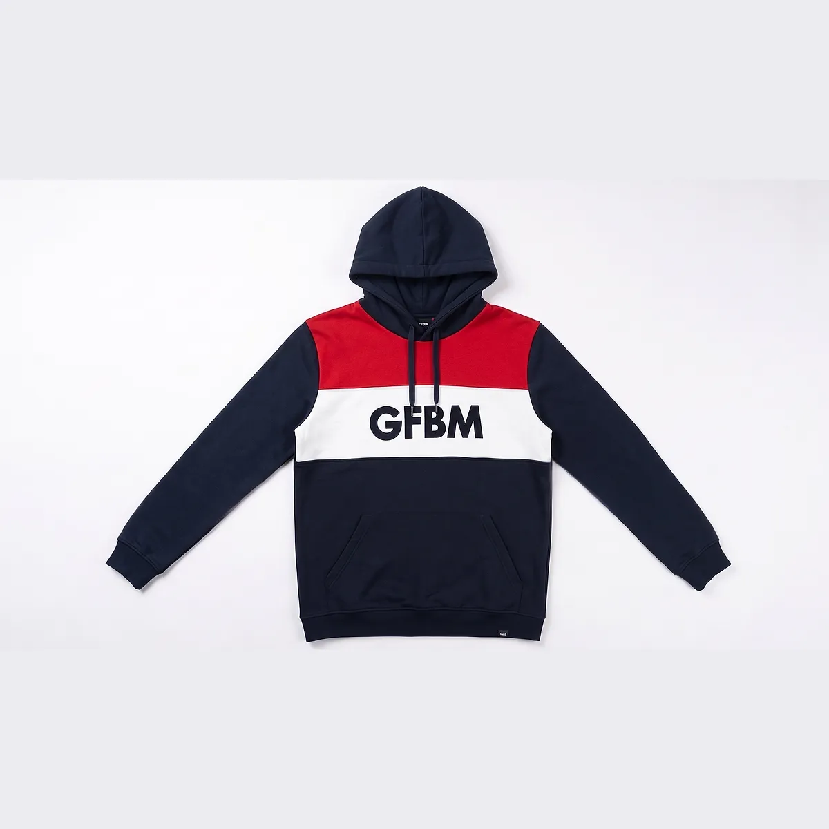 2024-edition hooded sweatshirt, in navy, white and red colour blocks with the GFBM logo