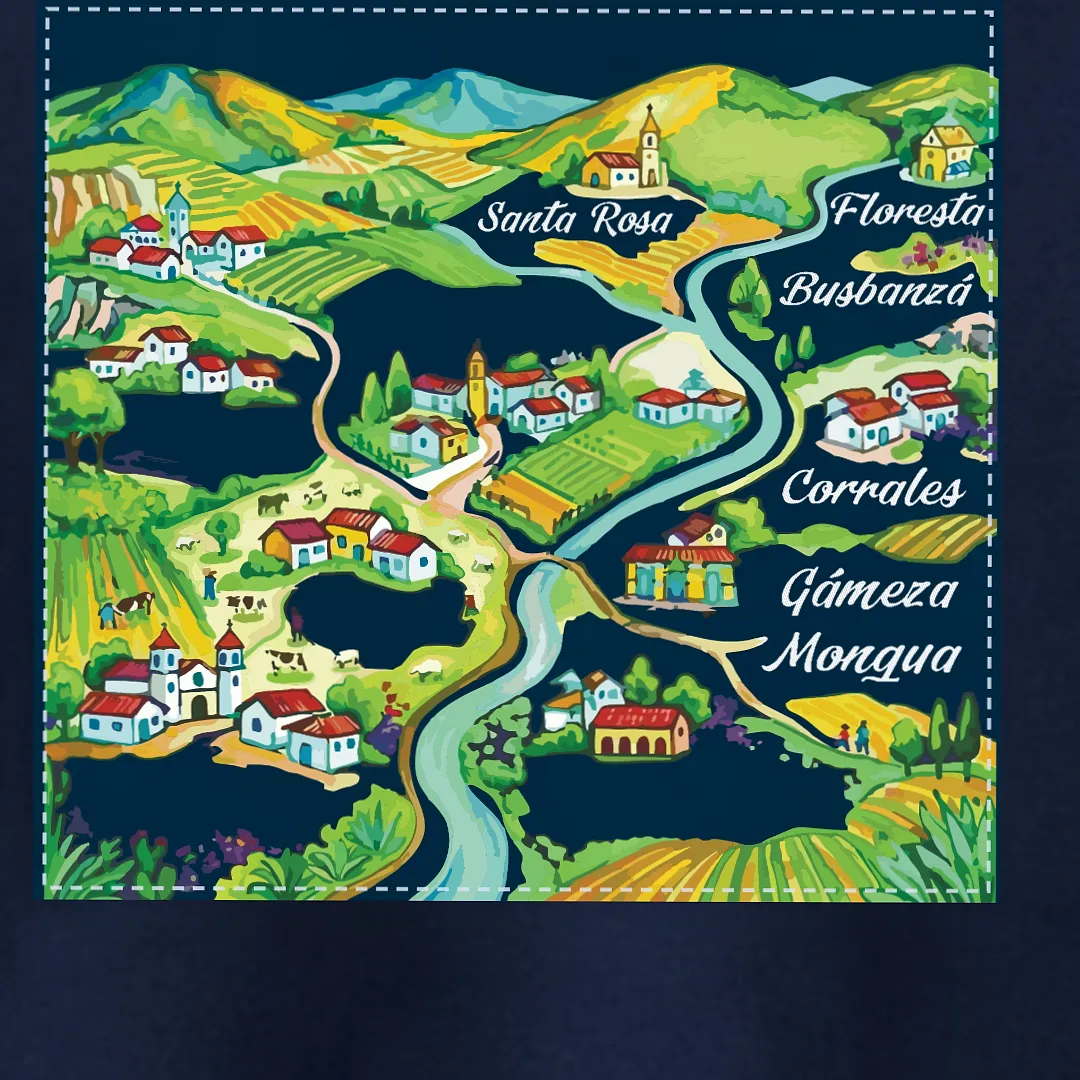 Chest detail of the LA 10 hoodie: the illustrated route map with the town names embroidered on top — Santa Rosa, Floresta, Busbanzá, Corrales, Gámeza and Mongua