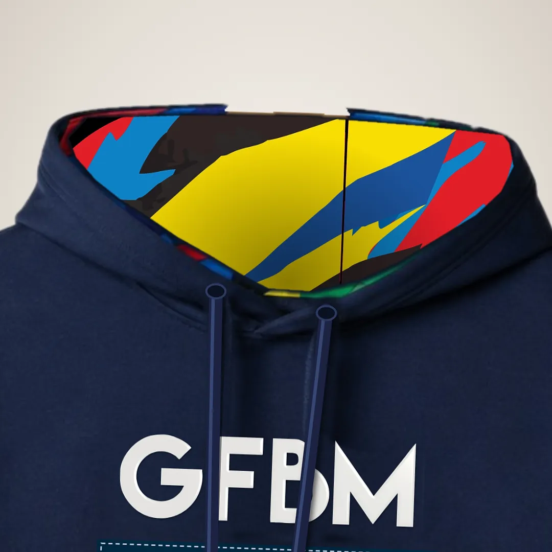 Inside of the LA 10 hoodie’s hood, printed in yellow, blue, red and black, above the GFBM letters on the chest