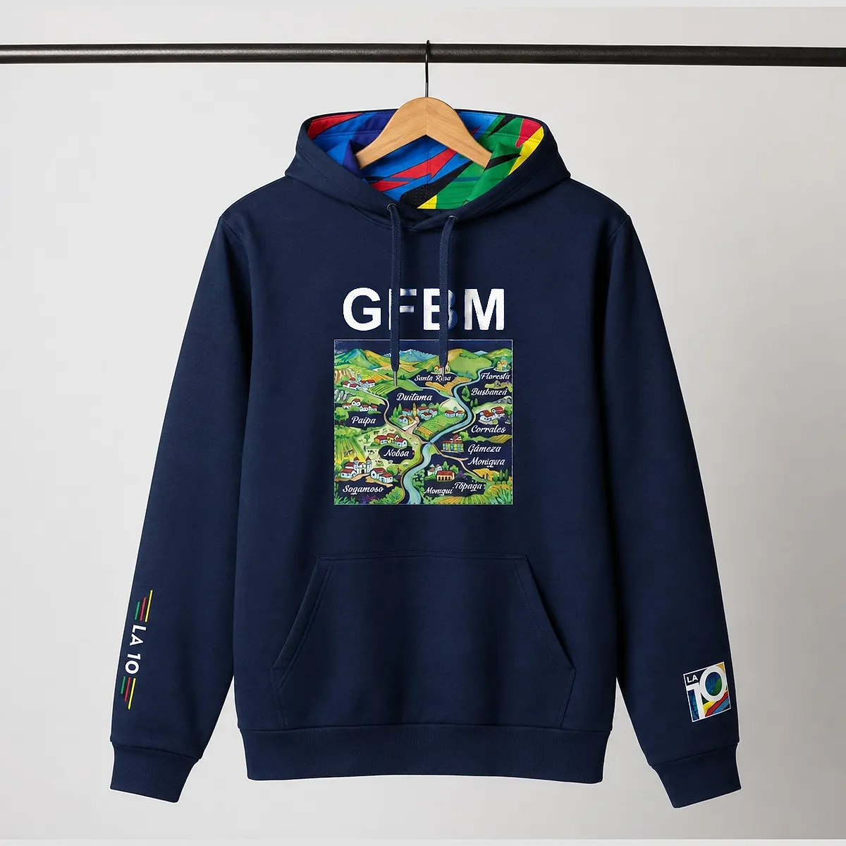Navy hooded sweatshirt of the 2026 edition: white GFBM on the chest over the illustrated map of the towns along the route, colourful hood lining and LA 10 on the sleeves