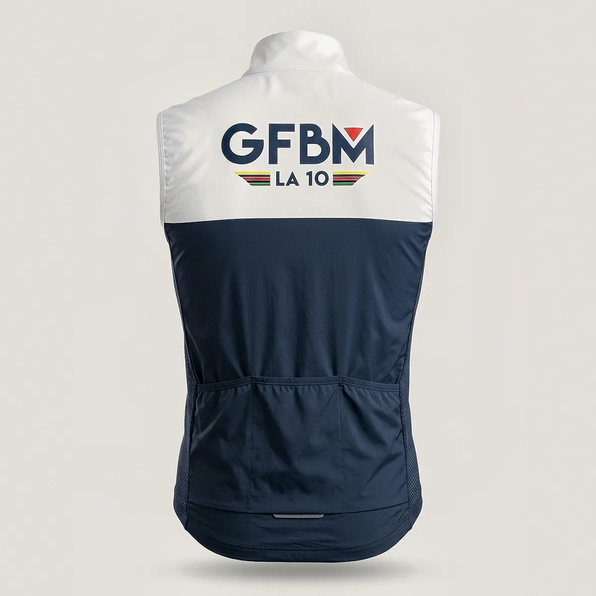 White and navy cycling vest of the 2026 edition, back with the GFBM LA 10 logo
