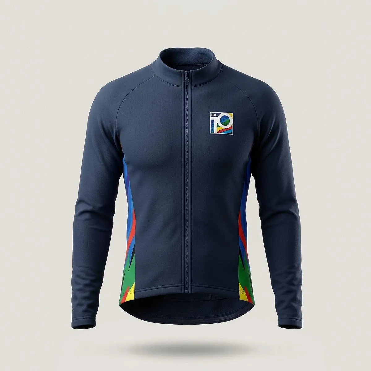 Navy thermal jacket of the 2026 edition, front view with the LA 10 logo