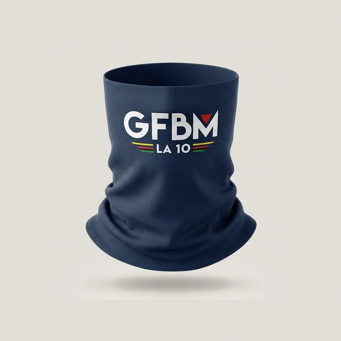 Navy cycling neck warmer with the GFBM LA 10 logo