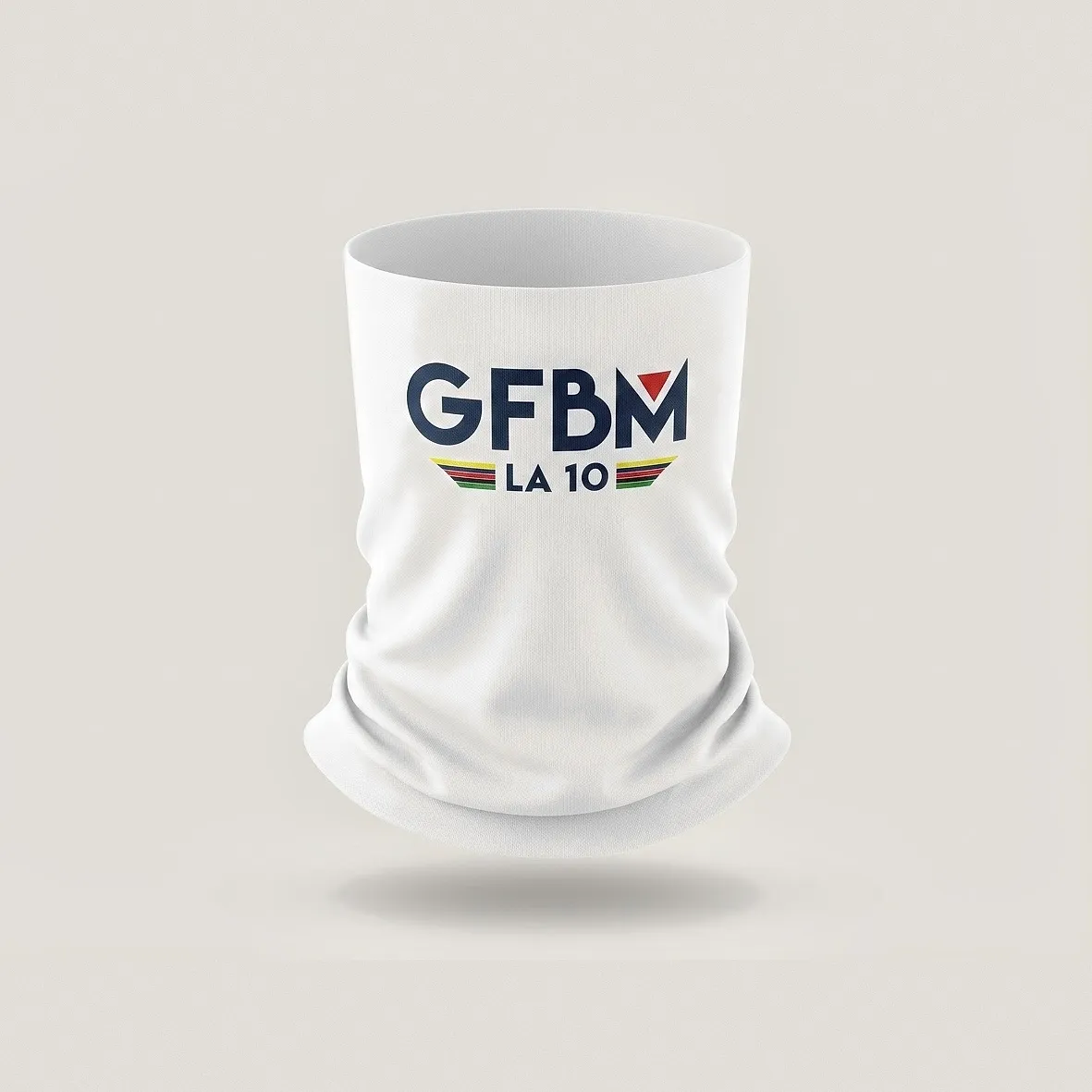 White cycling neck warmer with the GFBM LA 10 logo