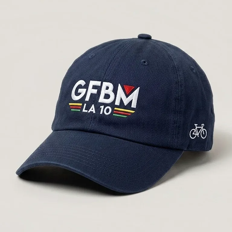 Navy urban cap with the embroidered GFBM LA 10 logo and a bike on the side
