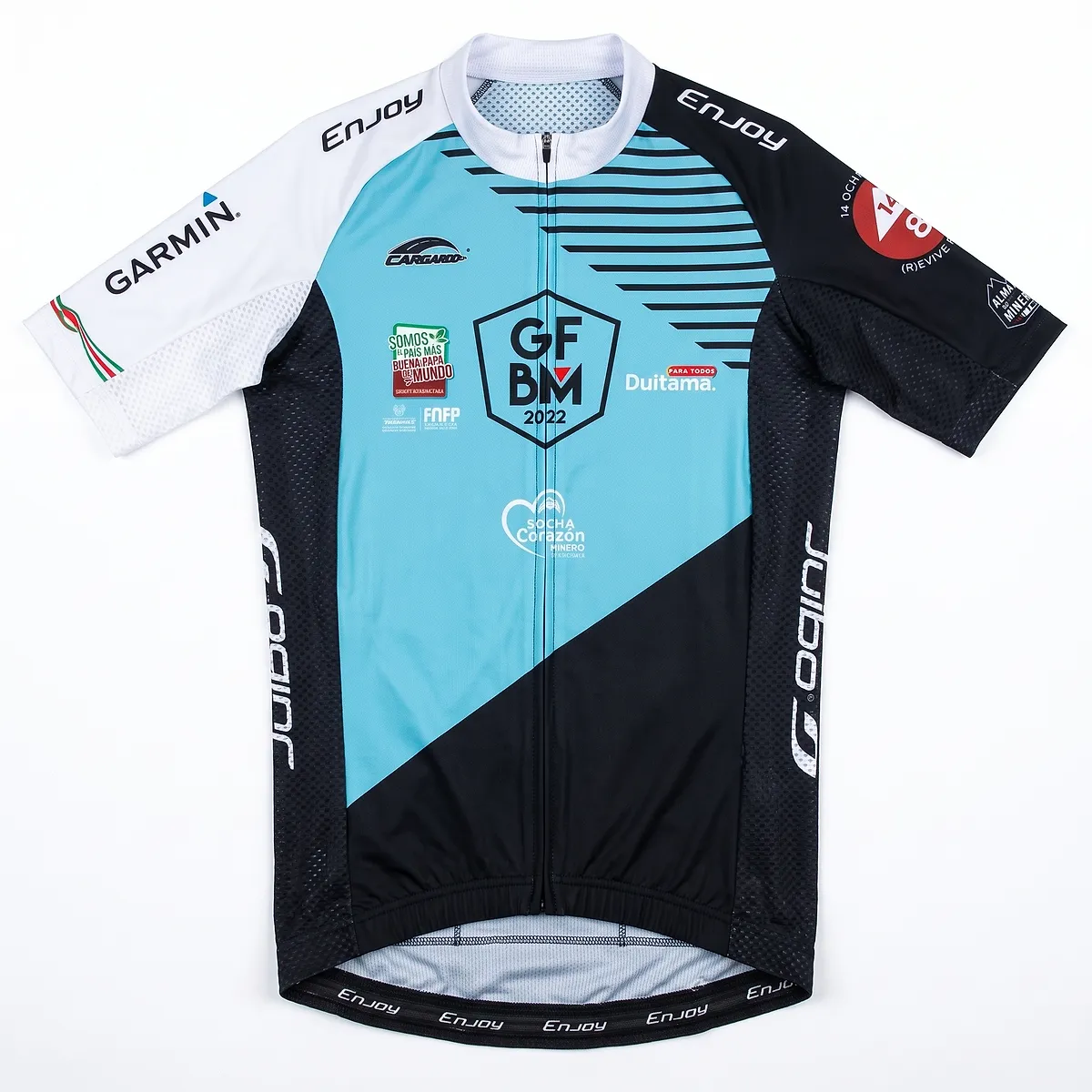 2022-edition jersey, sky blue and black with diagonal lines and the GFBM crest