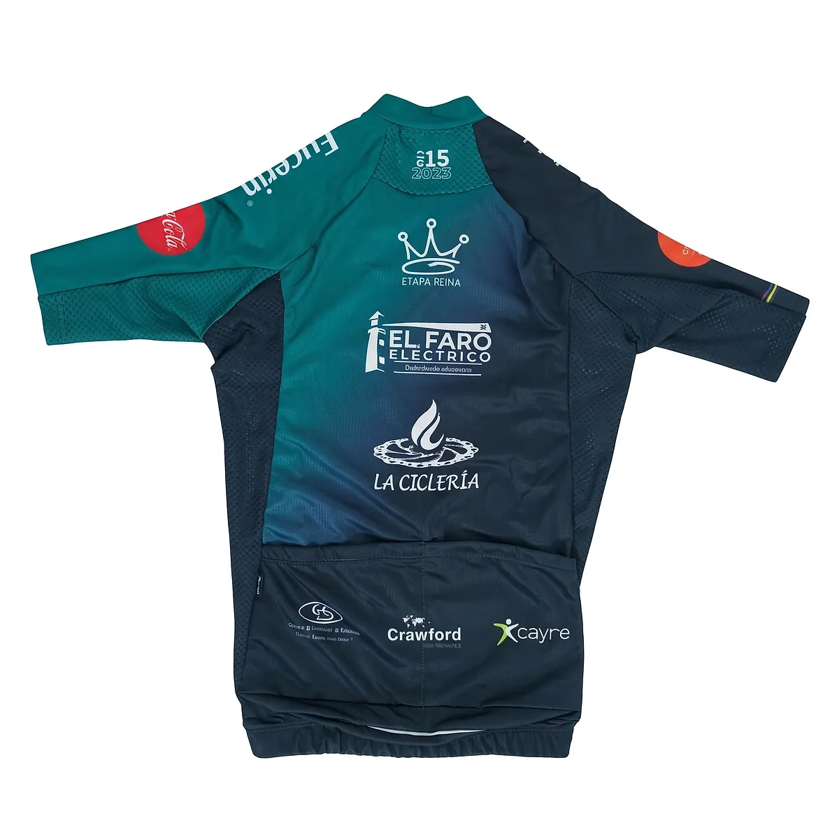 Back of the 2023 jersey, with the El Faro Eléctrico and La Ciclería logos