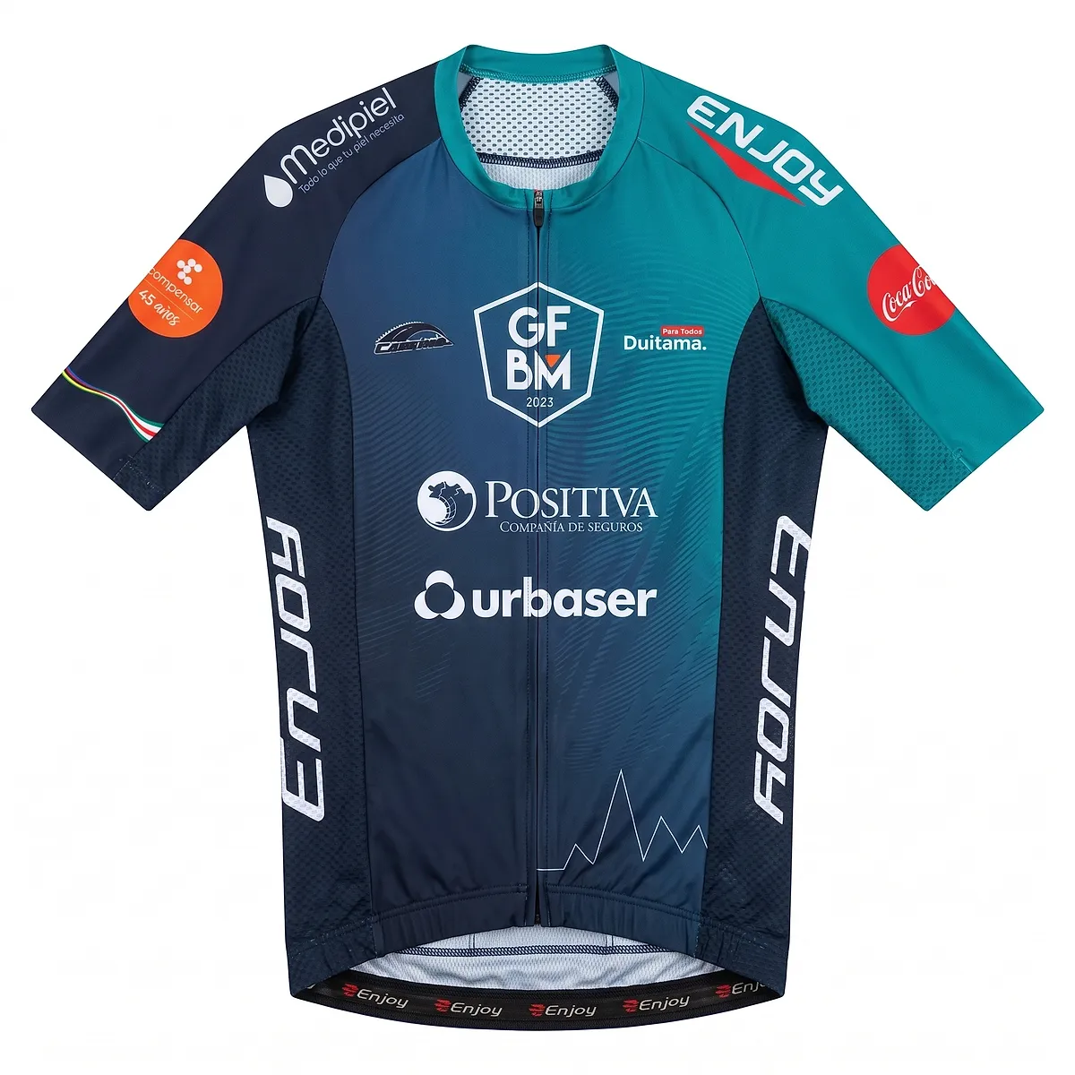 2023-edition jersey, petrol blue with the GFBM crest and the Positiva and urbaser logos