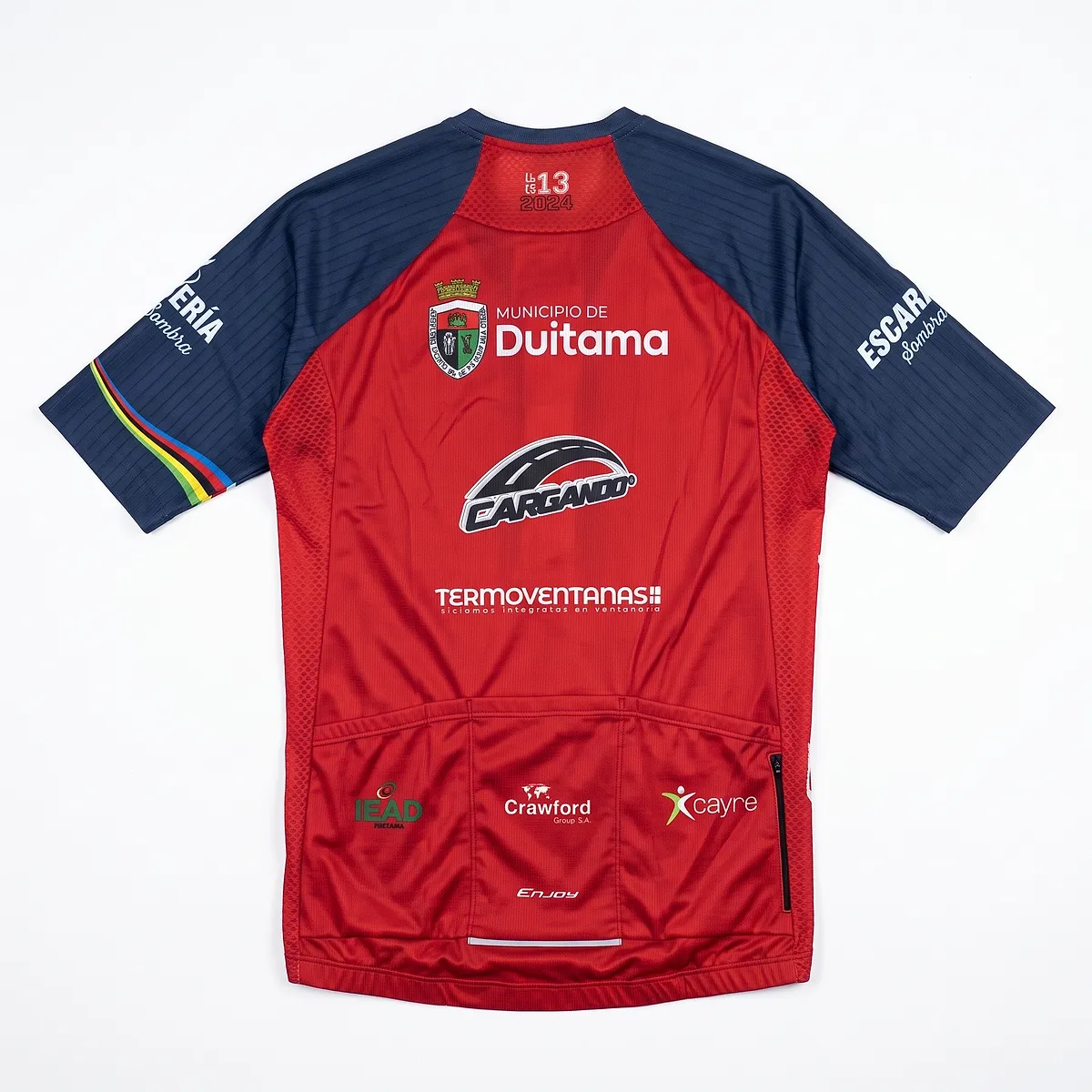 Back of the 2024 jersey, red, with the Duitama municipality logo and the sponsors