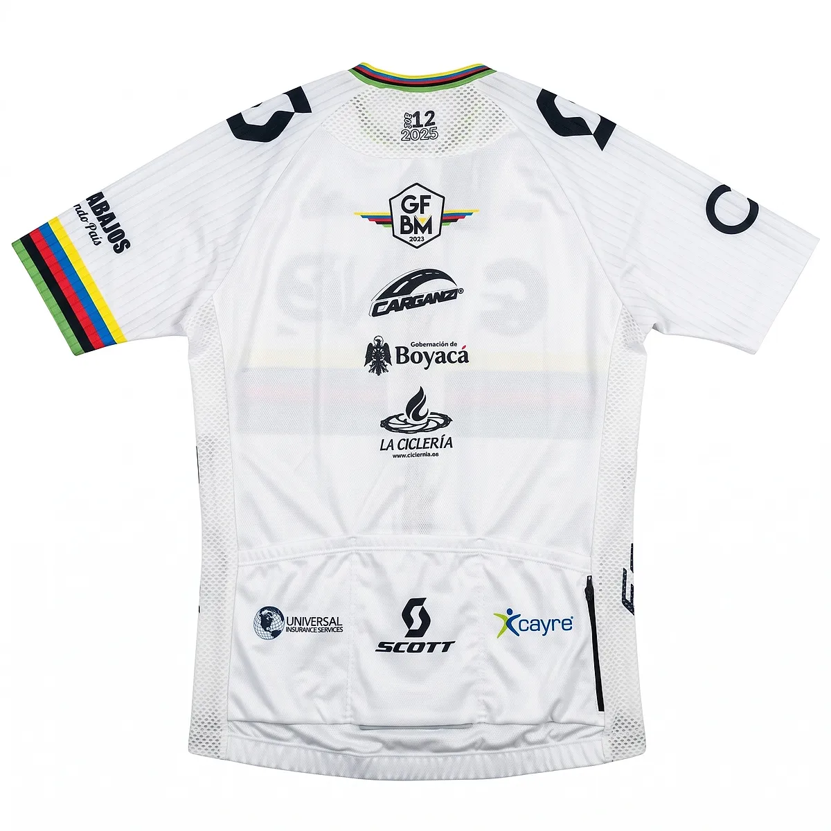 Back of the 2025 jersey, white, with the Cargando, Gobernación de Boyacá and La Ciclería logos