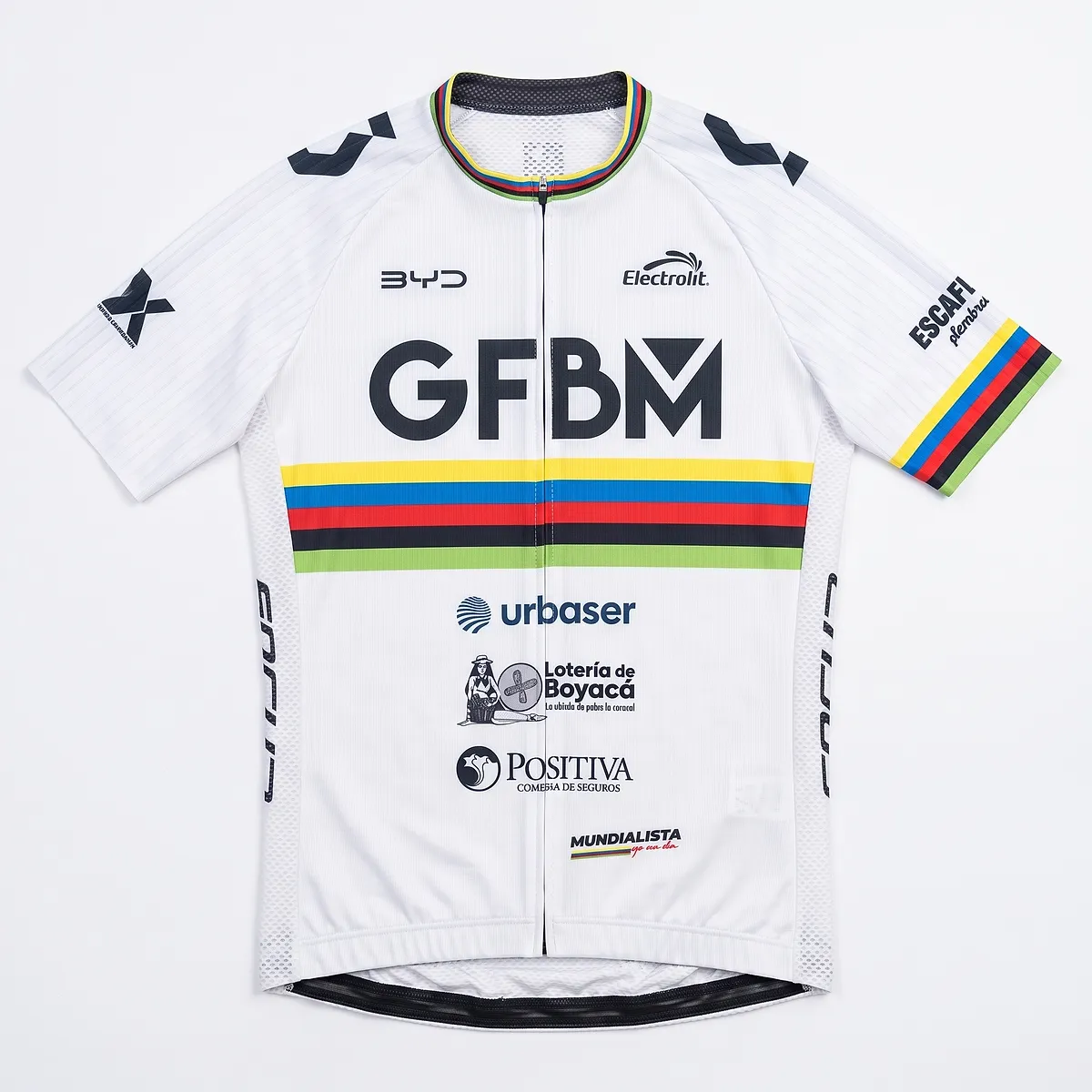 2025-edition jersey, white with the GFBM crest, the rainbow band and the BYD and Electrolit logos