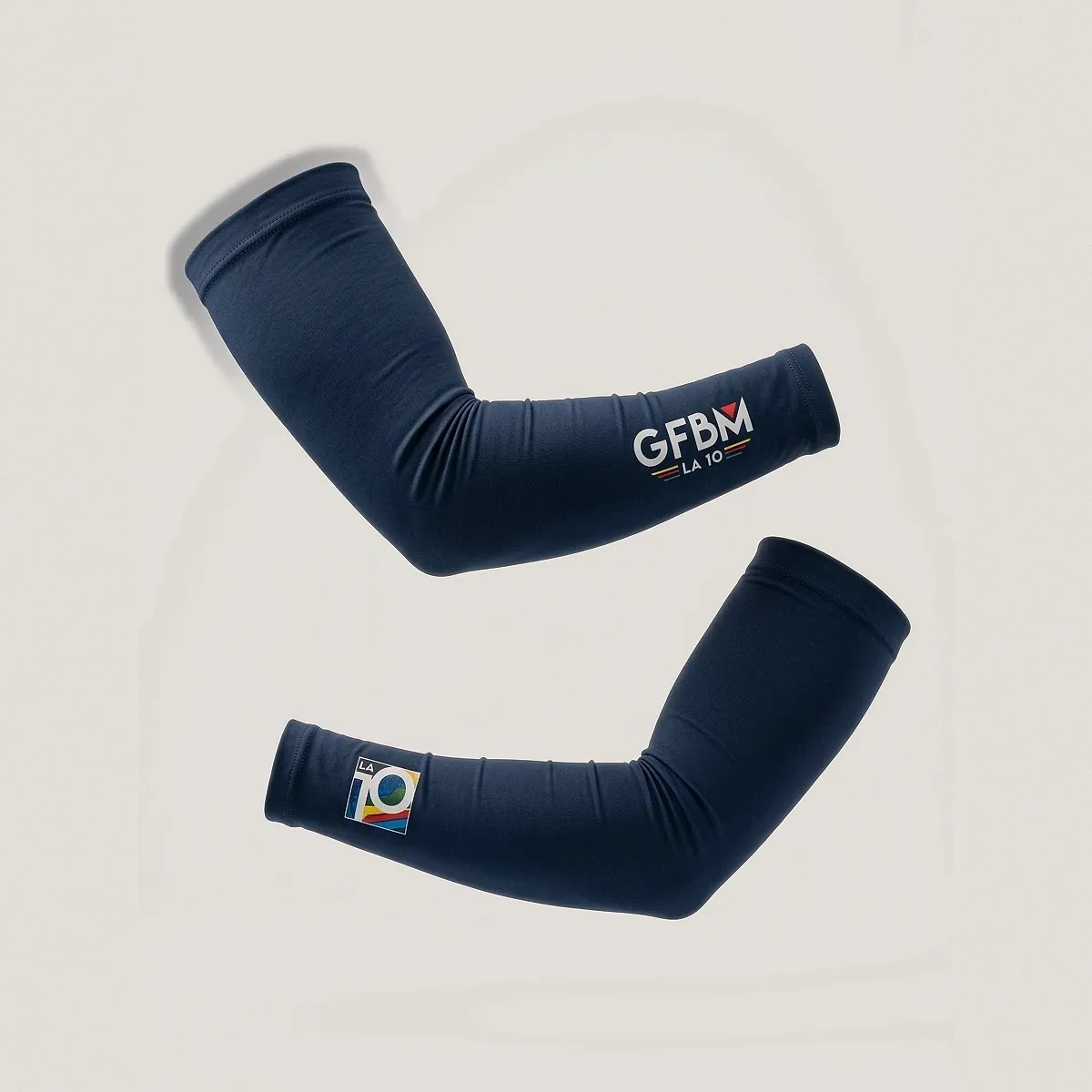 Pair of navy arm warmers with the GFBM and LA 10 logos