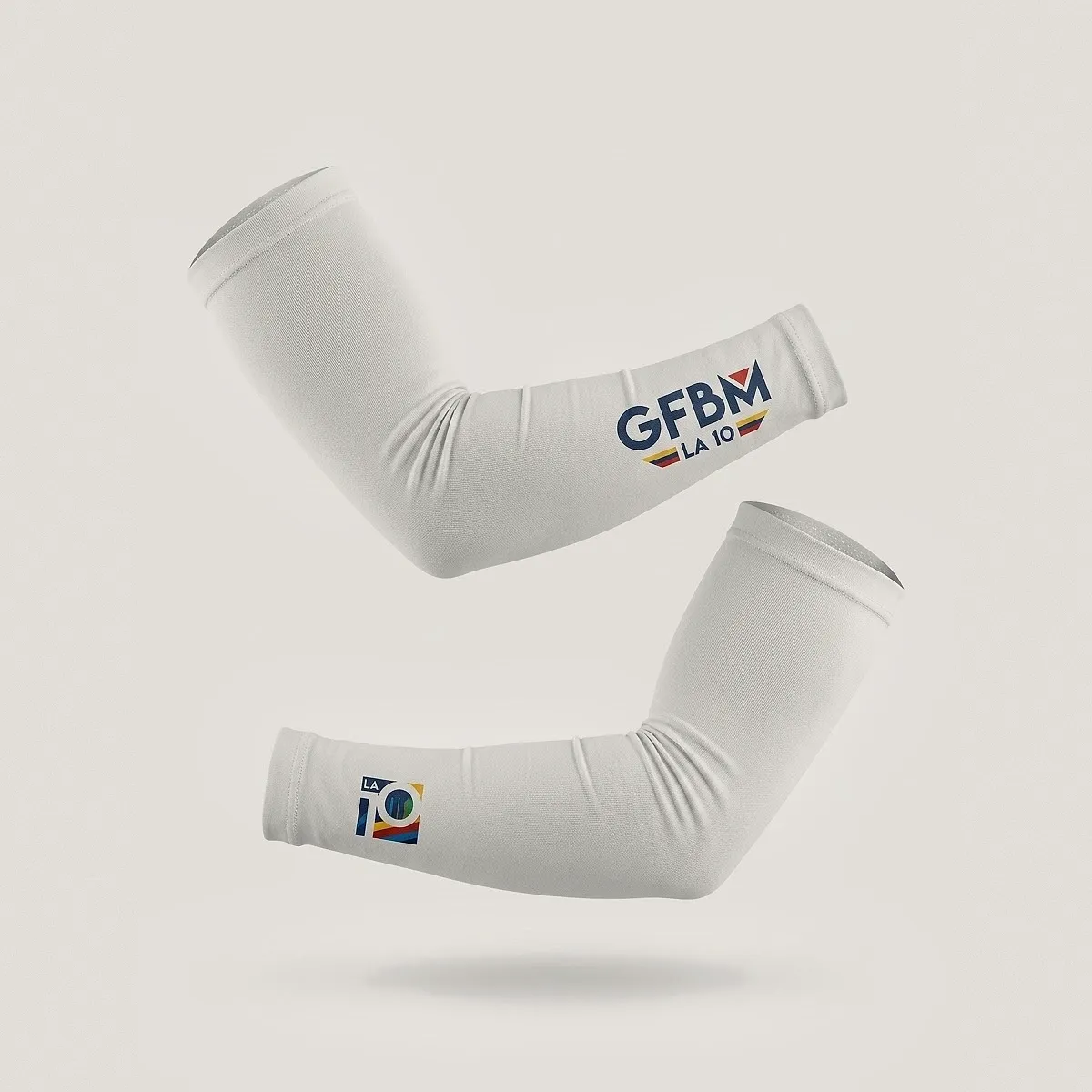 Pair of white arm warmers with the GFBM and LA 10 logos